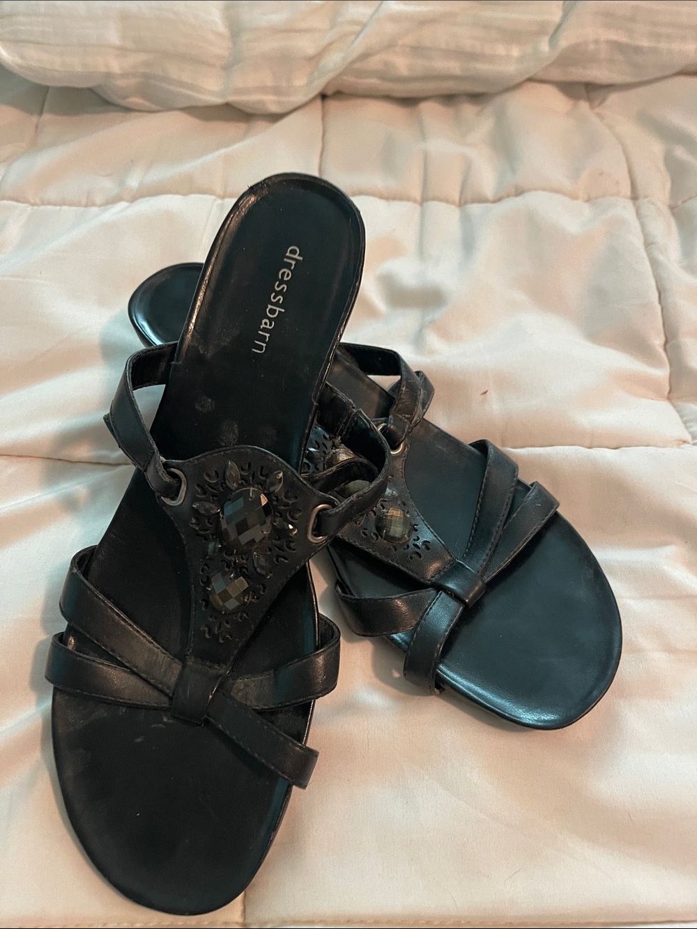 dressbarn Black Jeweled T-Strap Slide Sandals